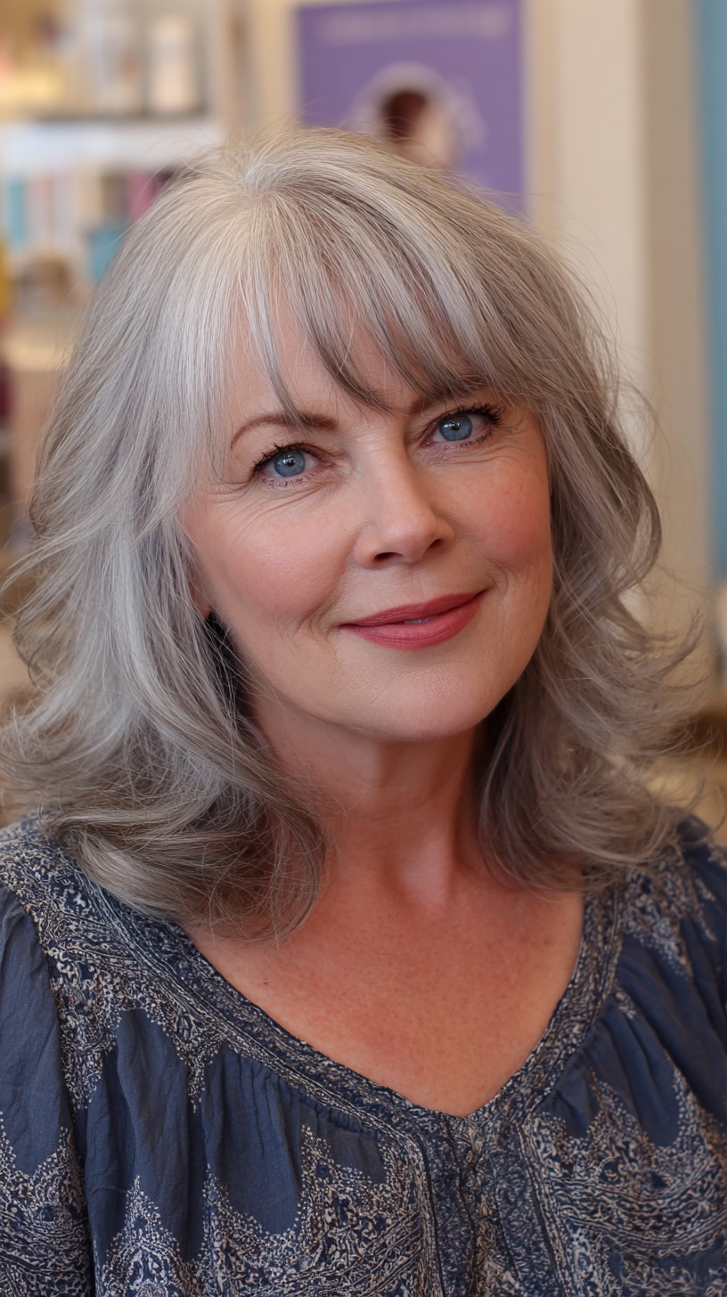 Silvery Mid-Length Layers with Wispy Curtain Bangs