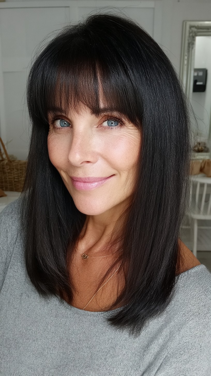 Sleek Shoulder-Length Cut with Brow-Skimming Blunt Fringe