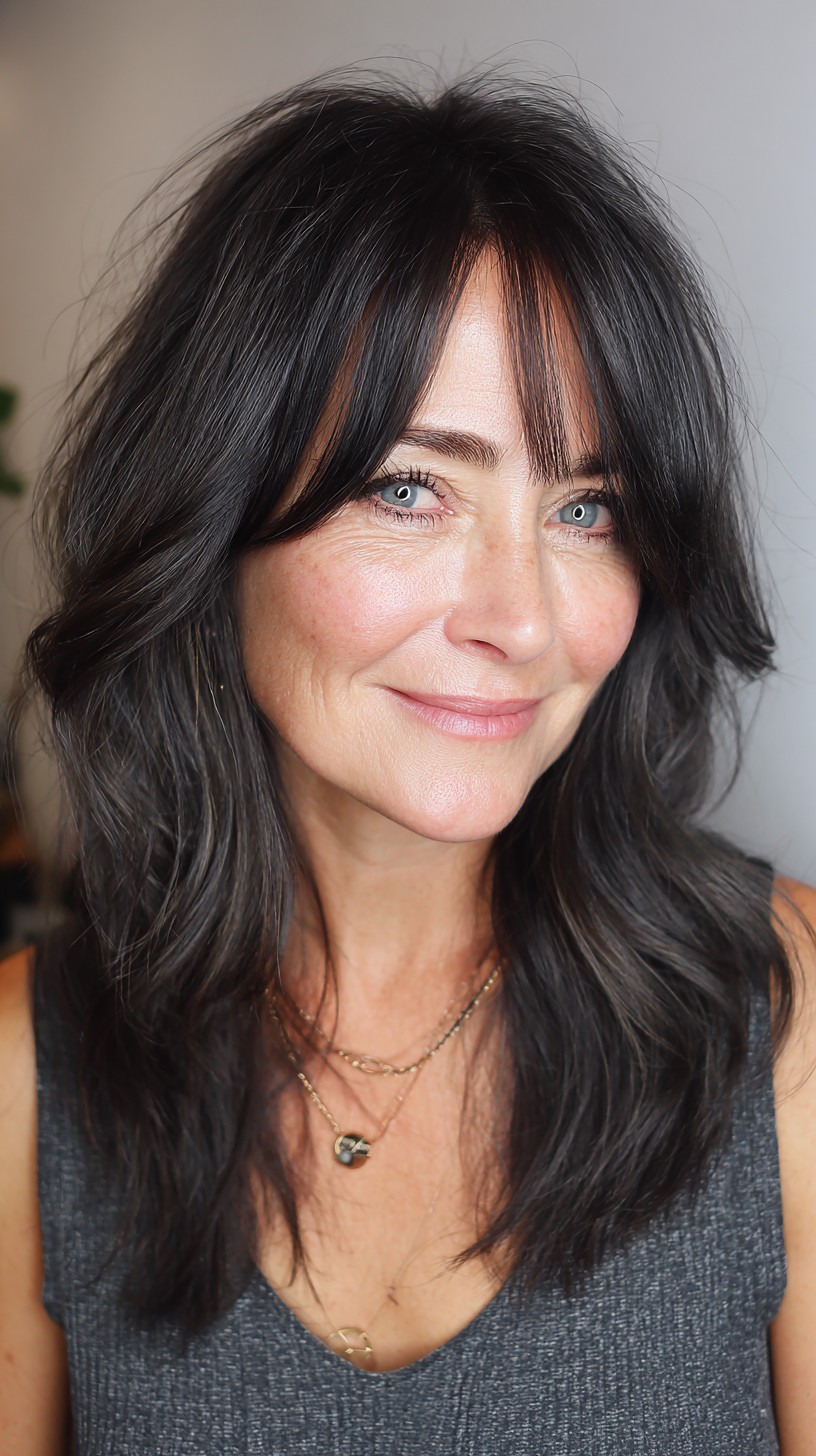 Smoky Dark Mid-Length Layers with Sheer Center Fringe