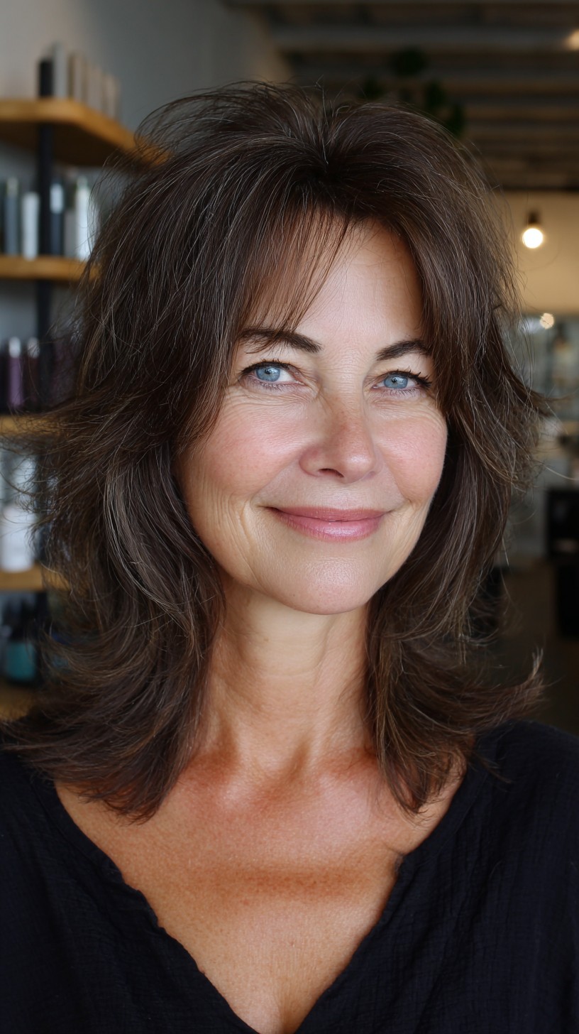 Soft Brown Mid-Length Layered Shag with Wispy Fringe
