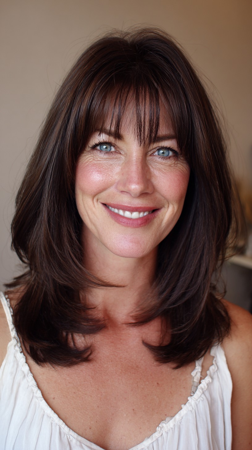 Soft Chestnut Shoulder-Length Layers with Wispy Micro-Bangs