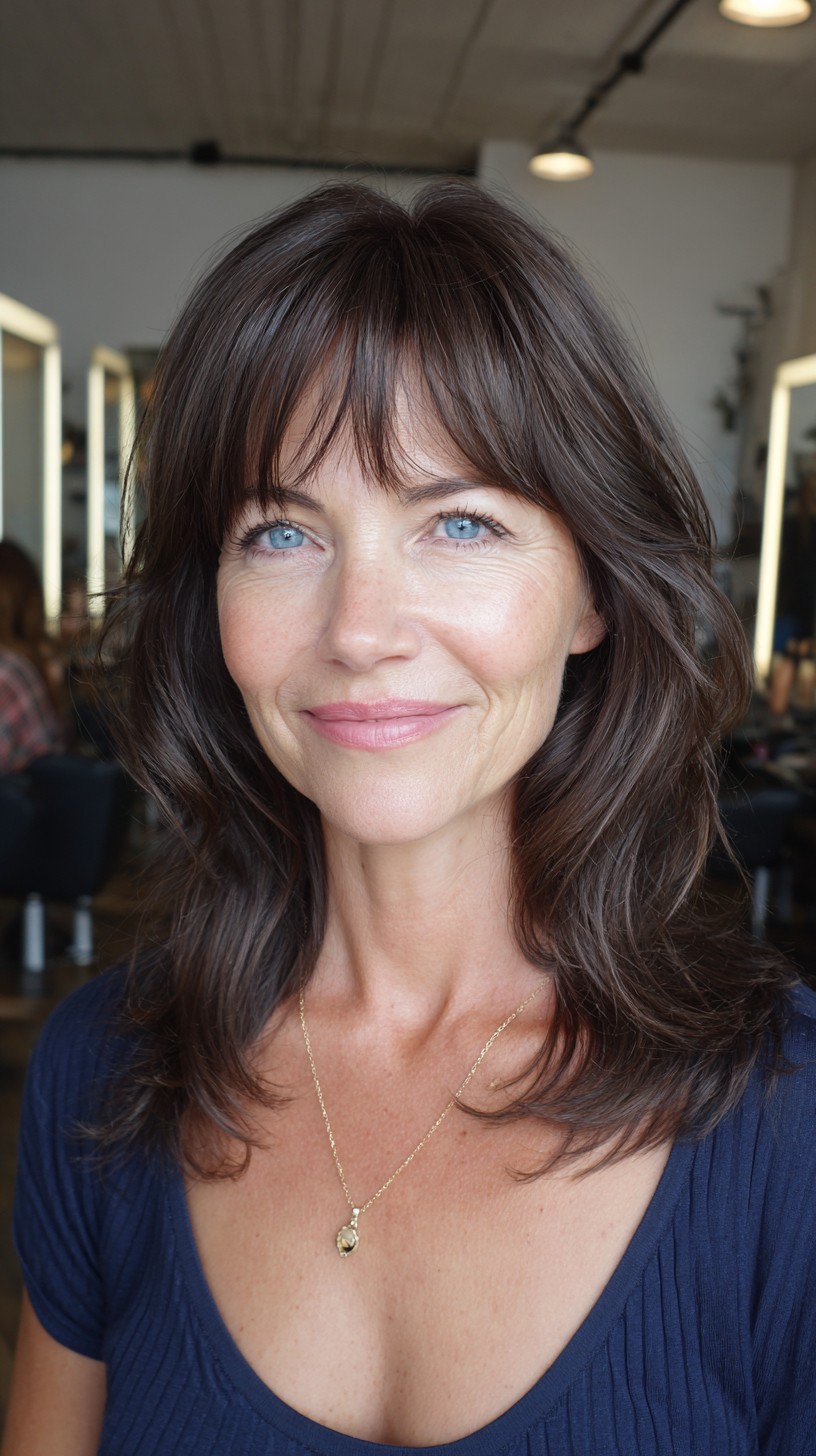 Soft Chocolate Medium-Length Layers with Sheer Brow-Grazing Fringe