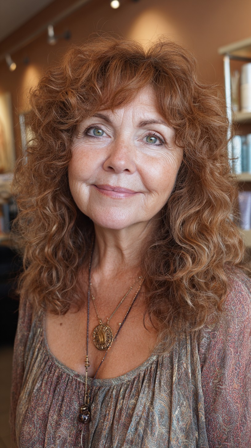 Soft Copper Curly Layers with Feathered Fringe