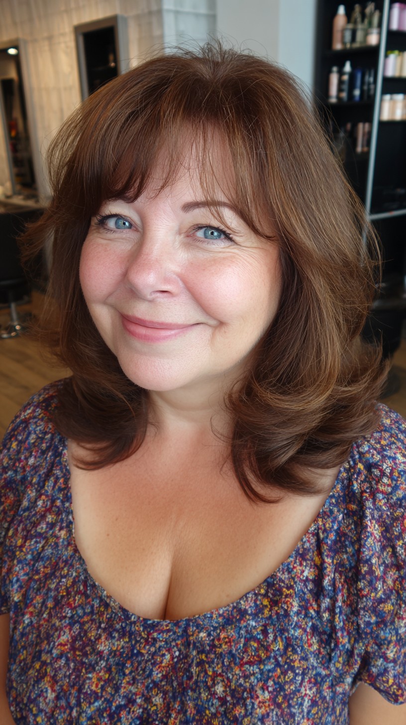 Soft Rounded Shoulder-Length Layers with Wispy Fringe