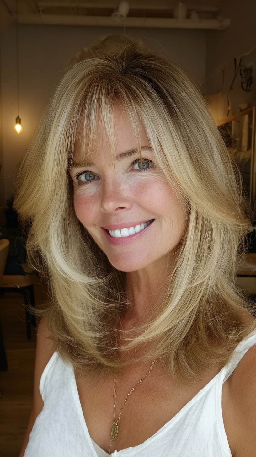 Sunlit Layered Shoulder-Length Cut with Feathered Micro-Bangs