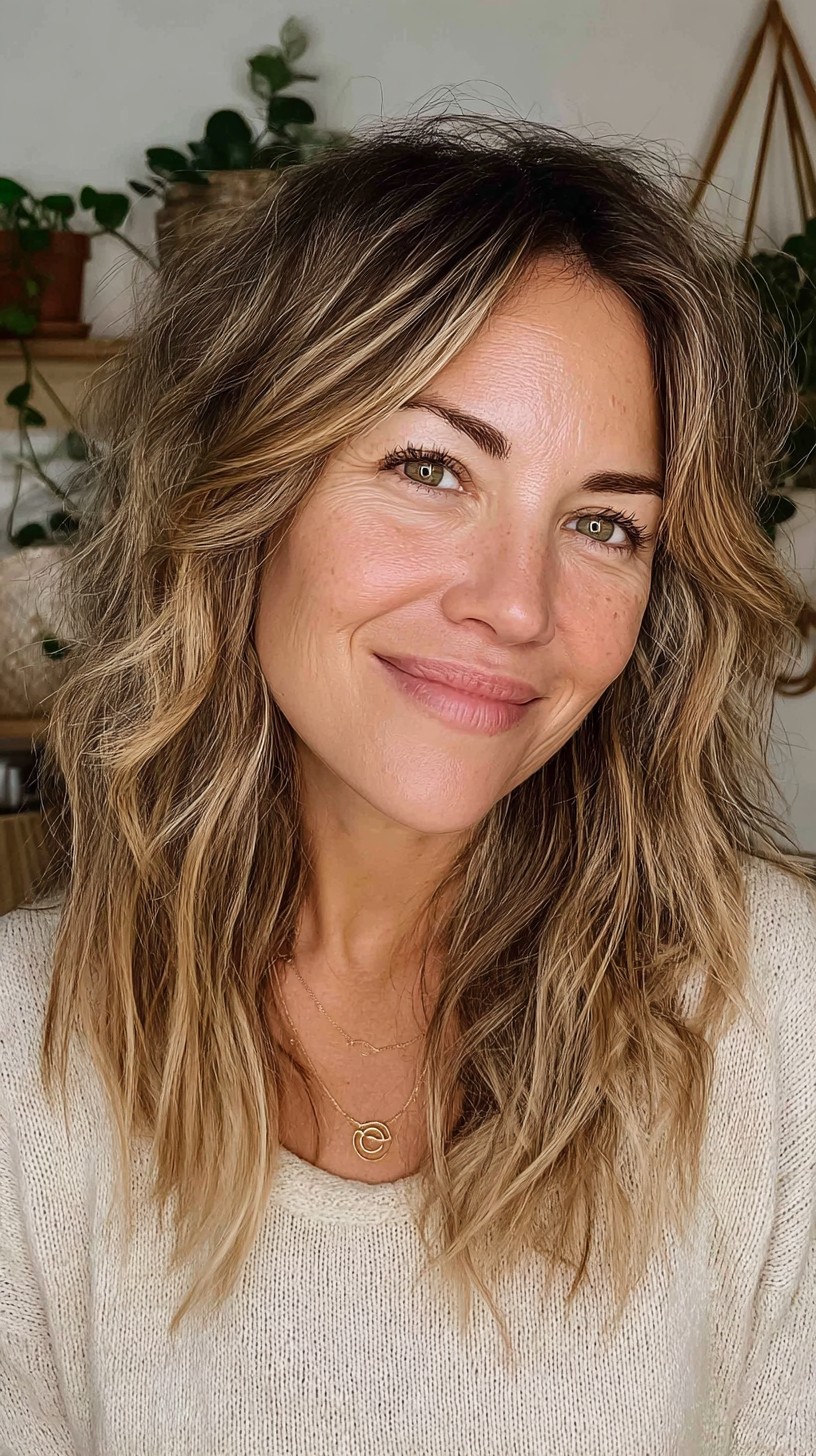 Textured Medium-Length Wavy Layers with Root-Shadow Balayage
