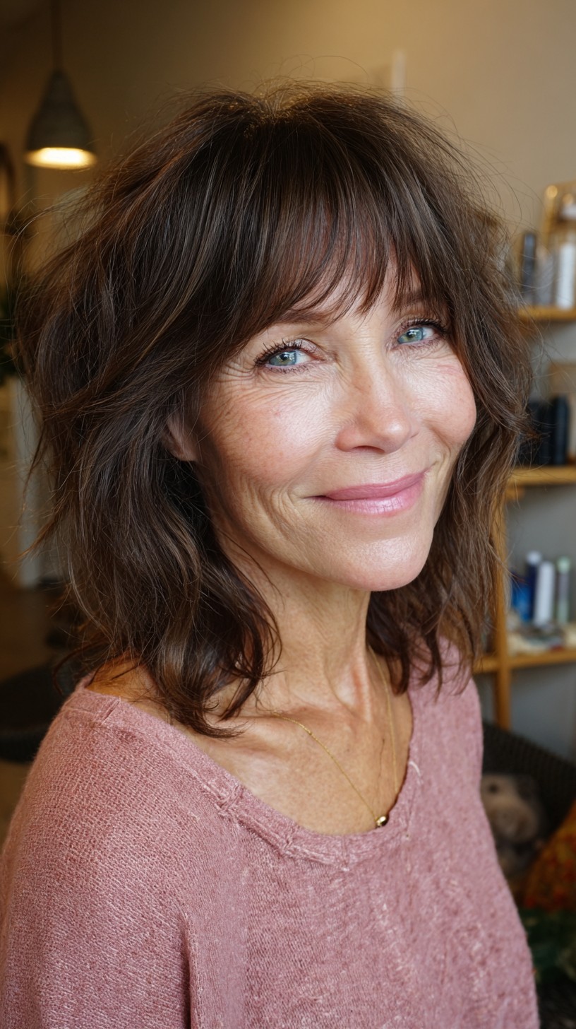 Textured Shoulder-Length Shag with Wispy Brow-Grazing Bangs