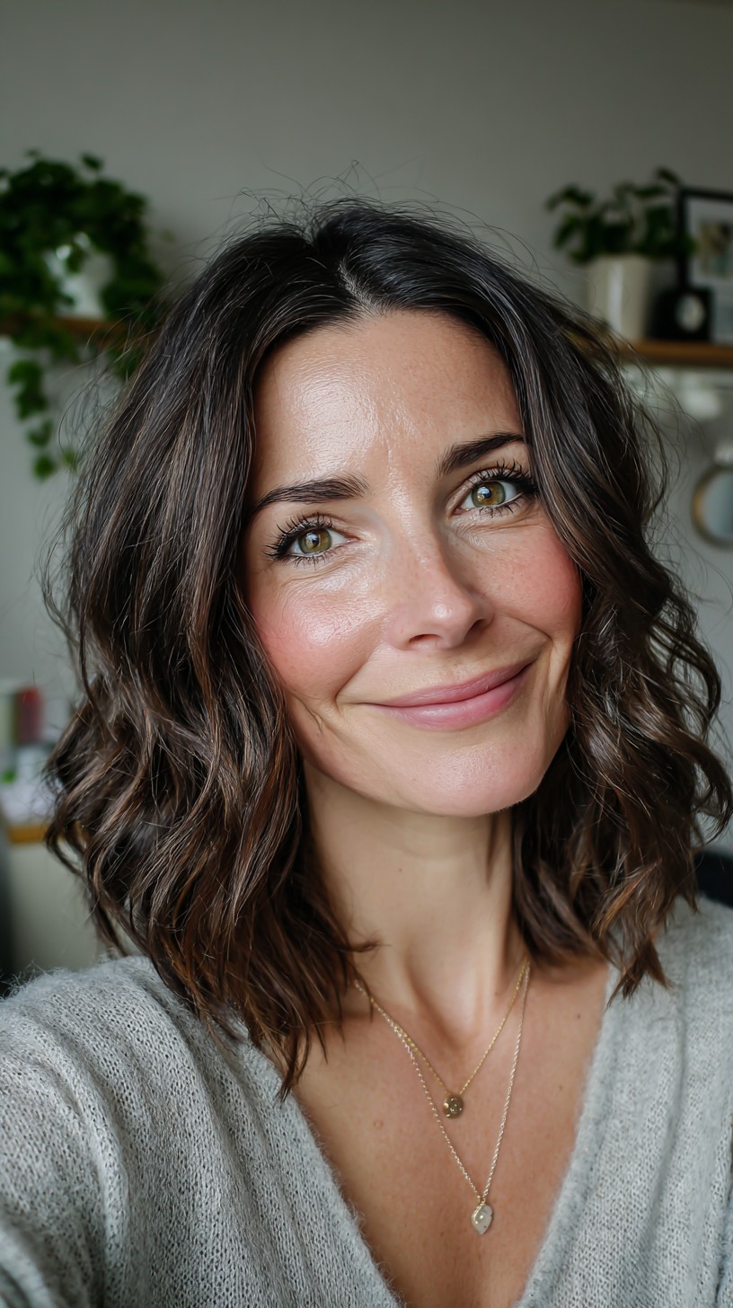 Tousled Chestnut Shoulder-Grazing Layers with Soft Face-Framing