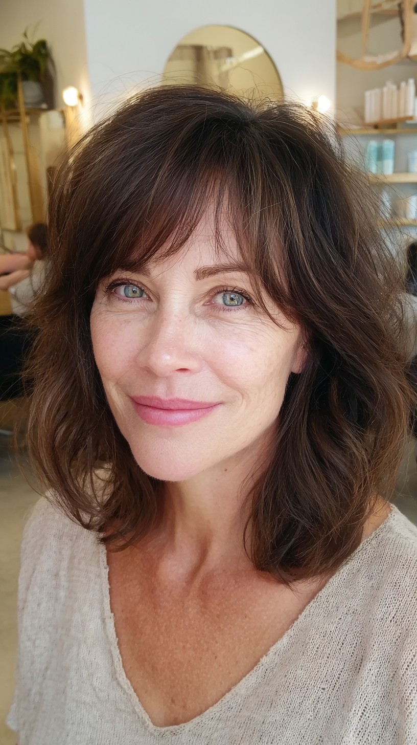 Tousled Shoulder-Length Cut with Soft Brow-Grazing Fringe