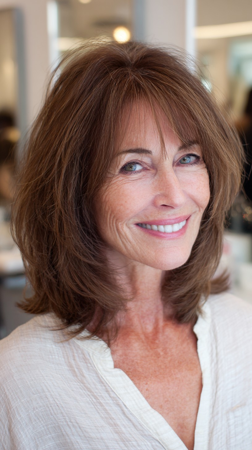 Voluminous Chestnut Collarbone Lob with Soft Brow-Grazing Fringe