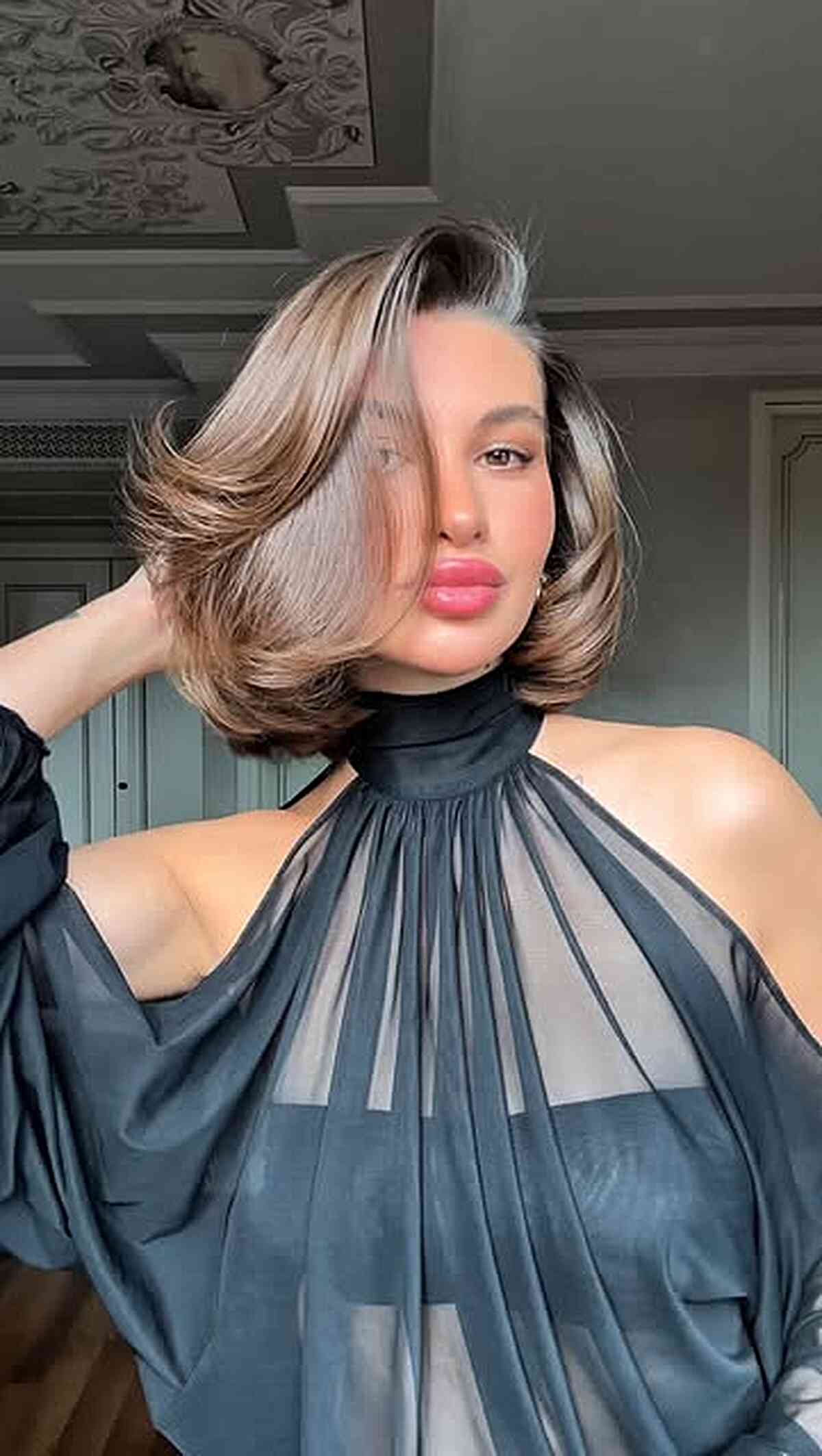 Voluminous Mocha Balayage Flipped Bob