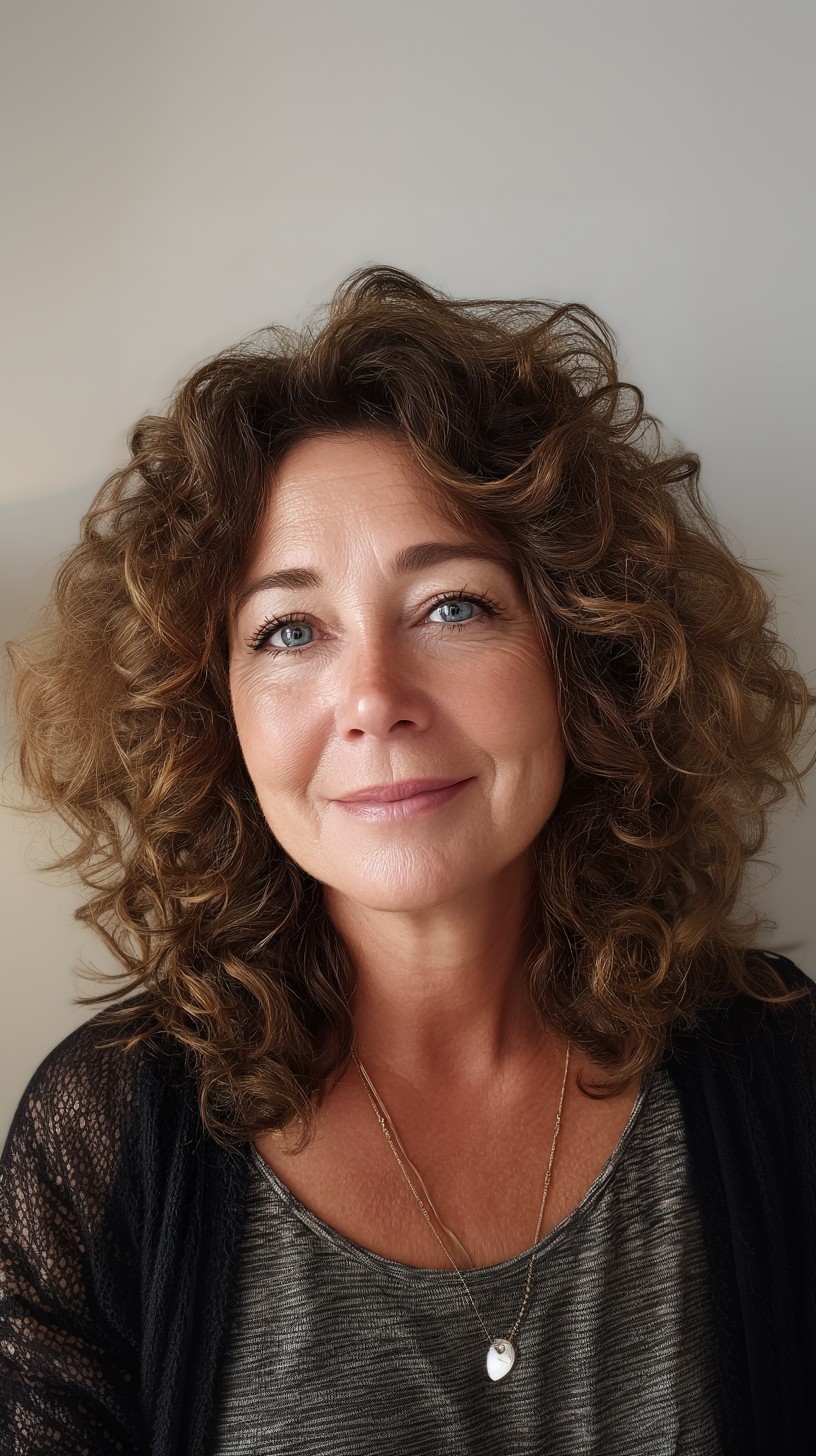 Voluminous Shoulder-Length Curly Layers with Soft Face-Framing