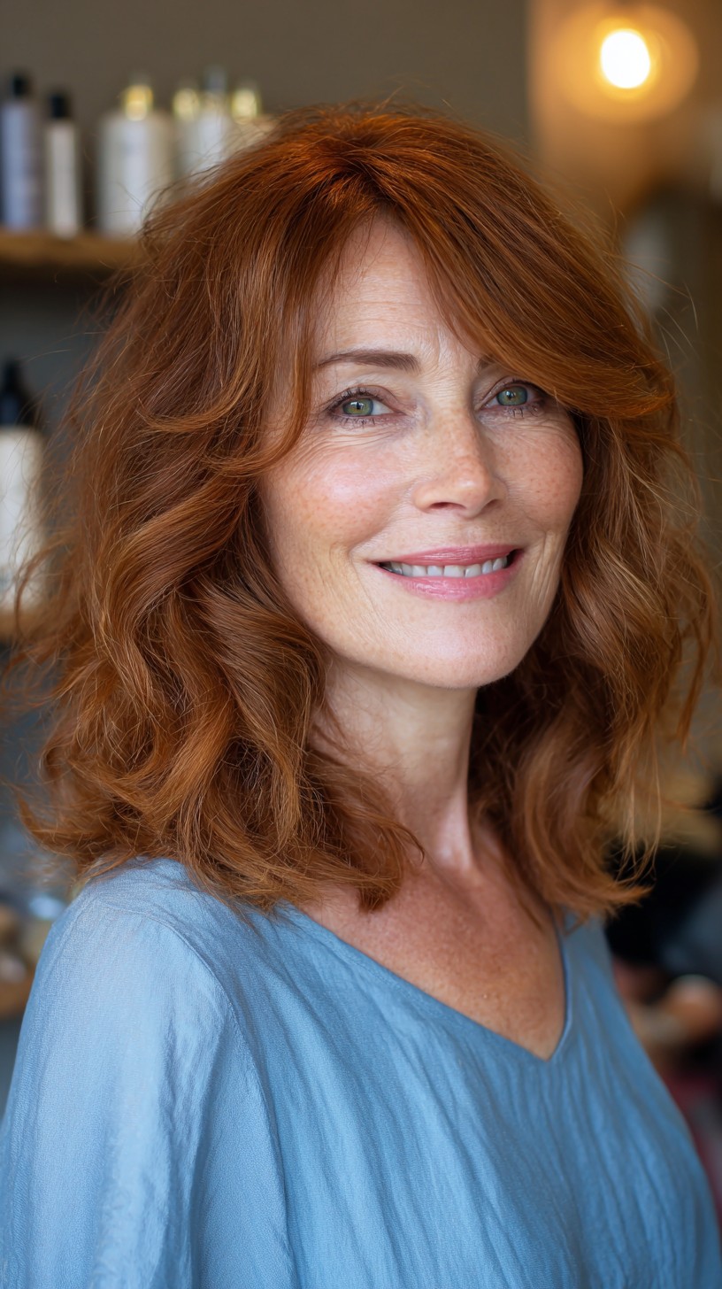 Warm Auburn Shoulder-Length with Curtain Bangs and Face-Framing Layers