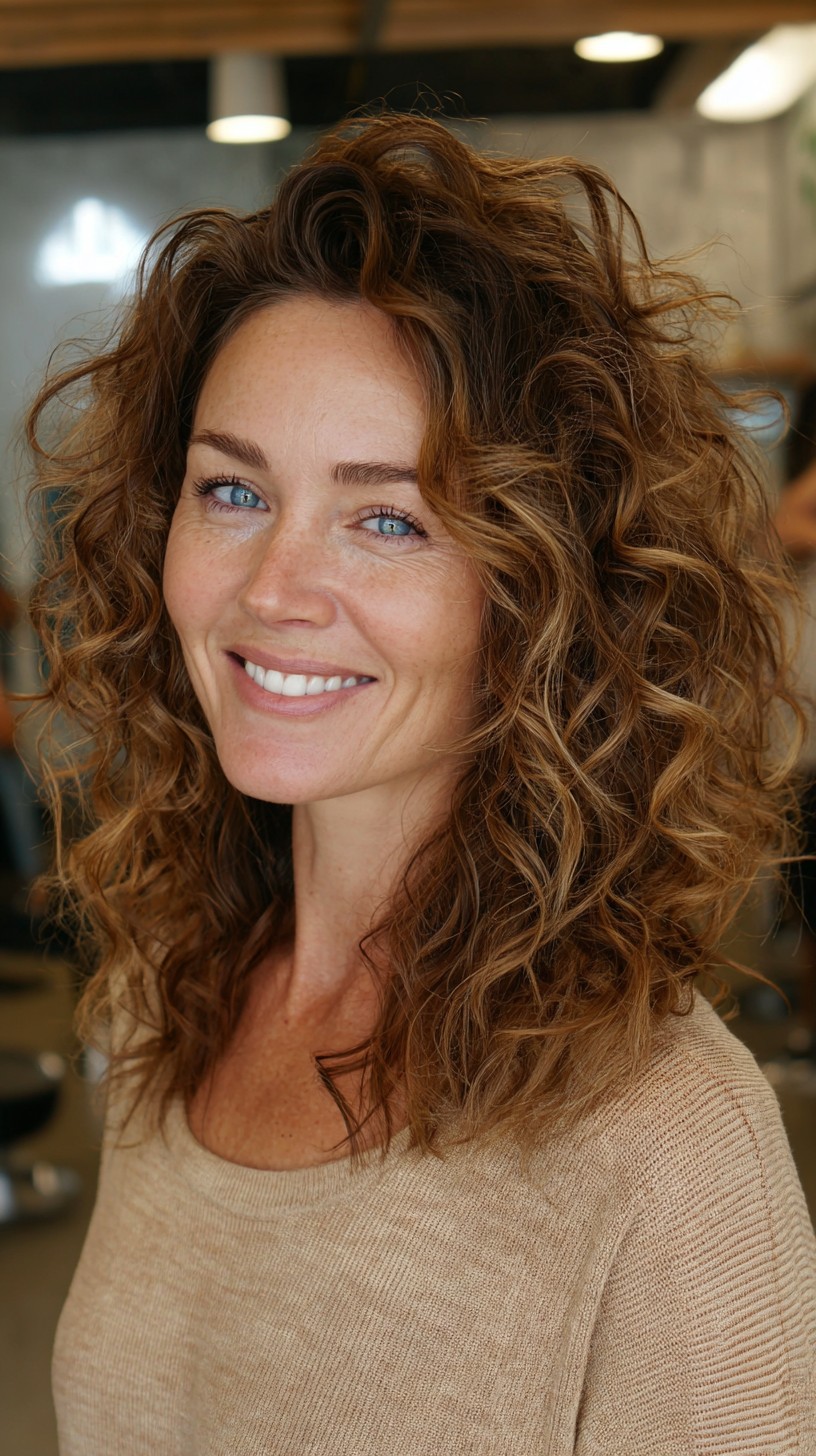 Warm Caramel Layered Cut with Curly Crown Lift