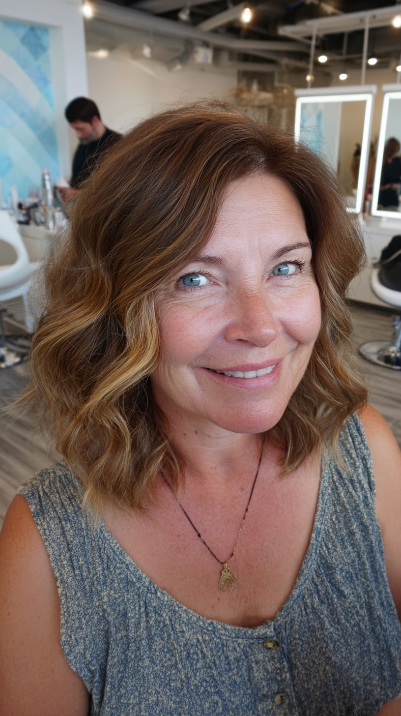 Warm Chestnut Shoulder-Grazing Lob with Soft Face-Framing Waves
