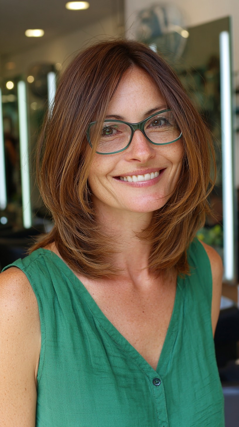 Warm Chestnut Shoulder-Length Layers with Eye-Framing Tiers