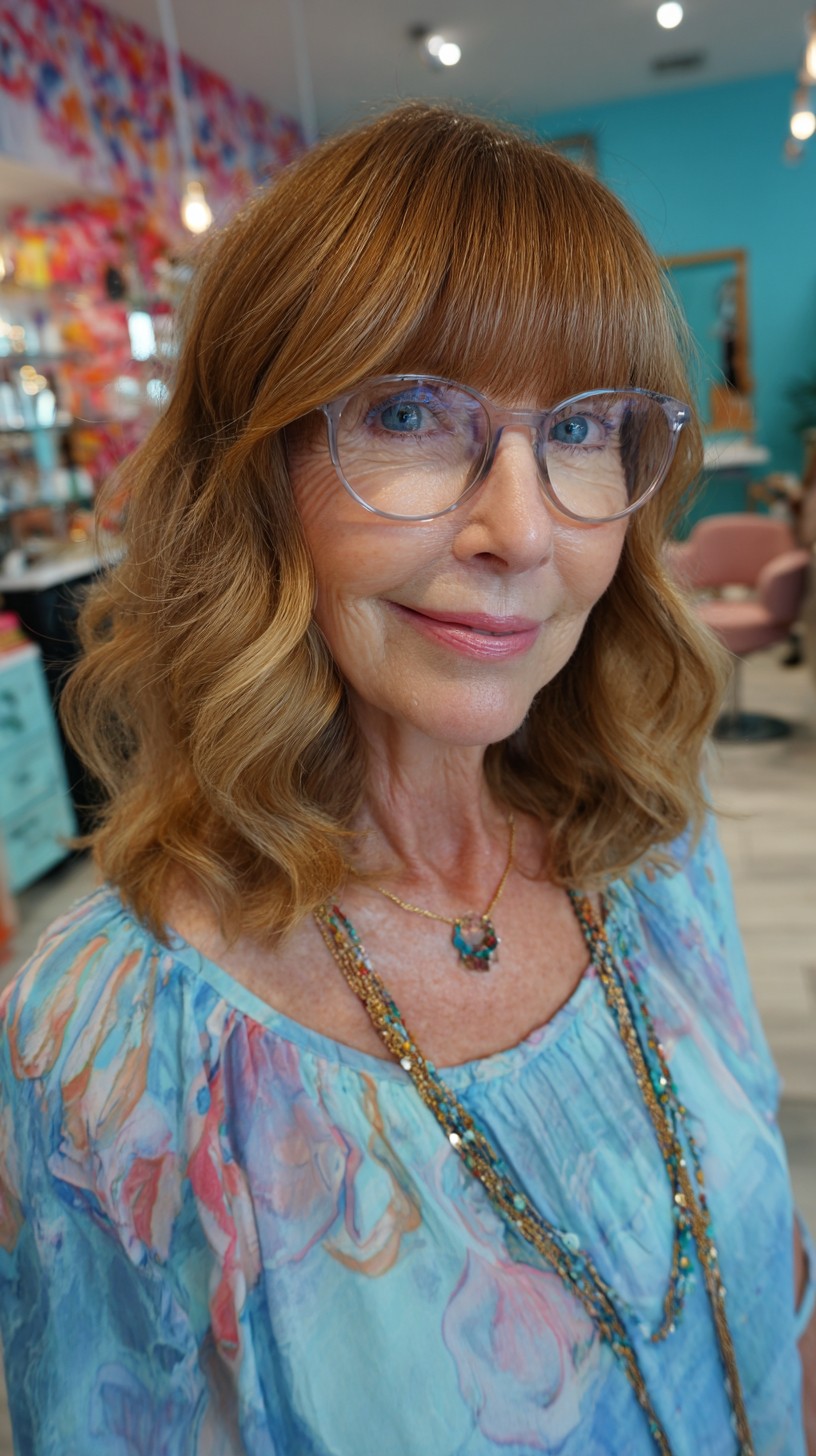 Warm Copper Lob with Brow-Skimming Fringe and Soft Waves