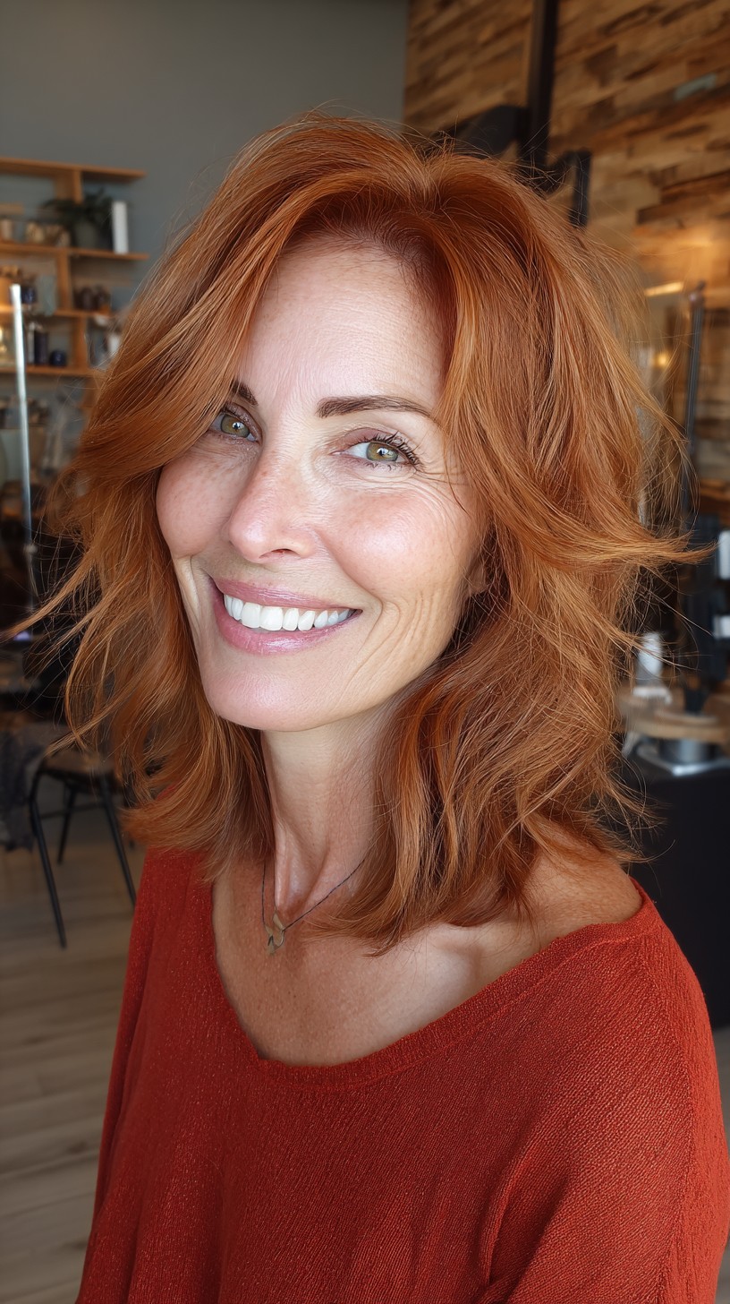 Warm Copper Shoulder-Length Layers with Soft Face-Framing