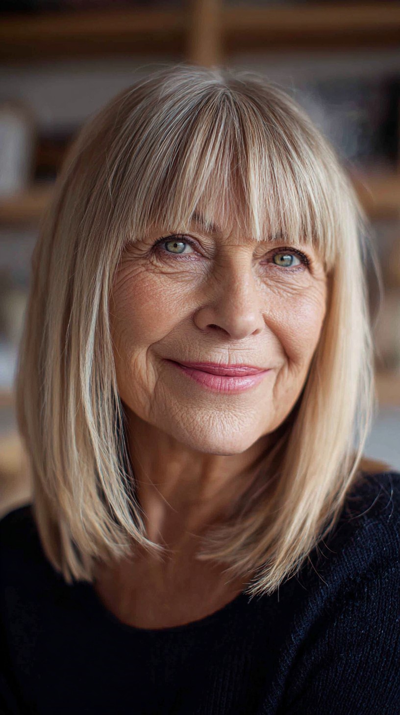 Beige Blonde Shoulder-Length Lob with Blunt Micro-Bangs and Soft Internal Layers