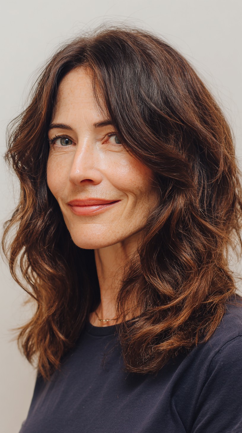 Brunette Shoulder-Grazing Shag with Curtain Face-Framing and Root Melt