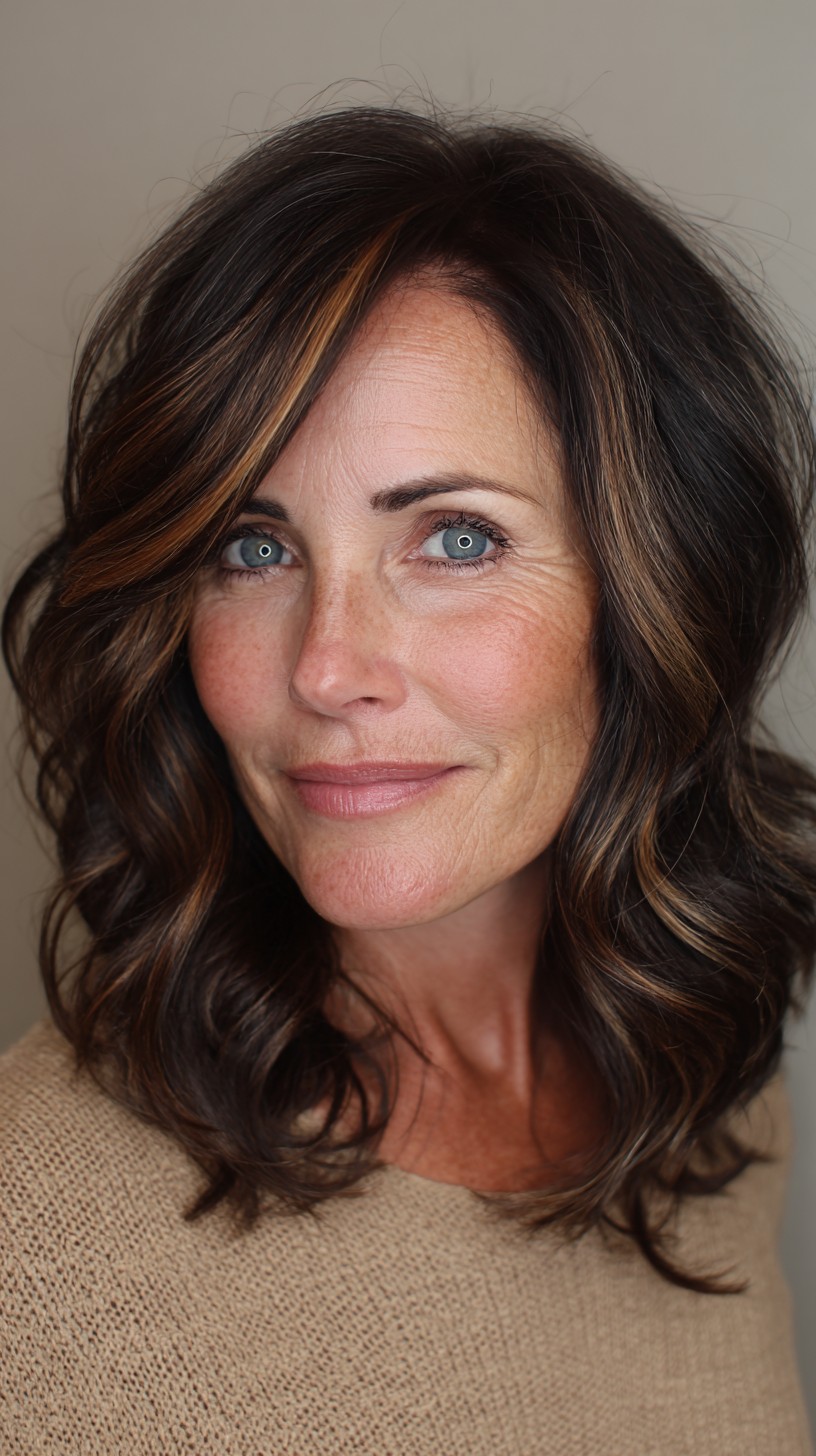 Brunette Shoulder-Length Waves with Warm Caramel Weaving and Root Depth
