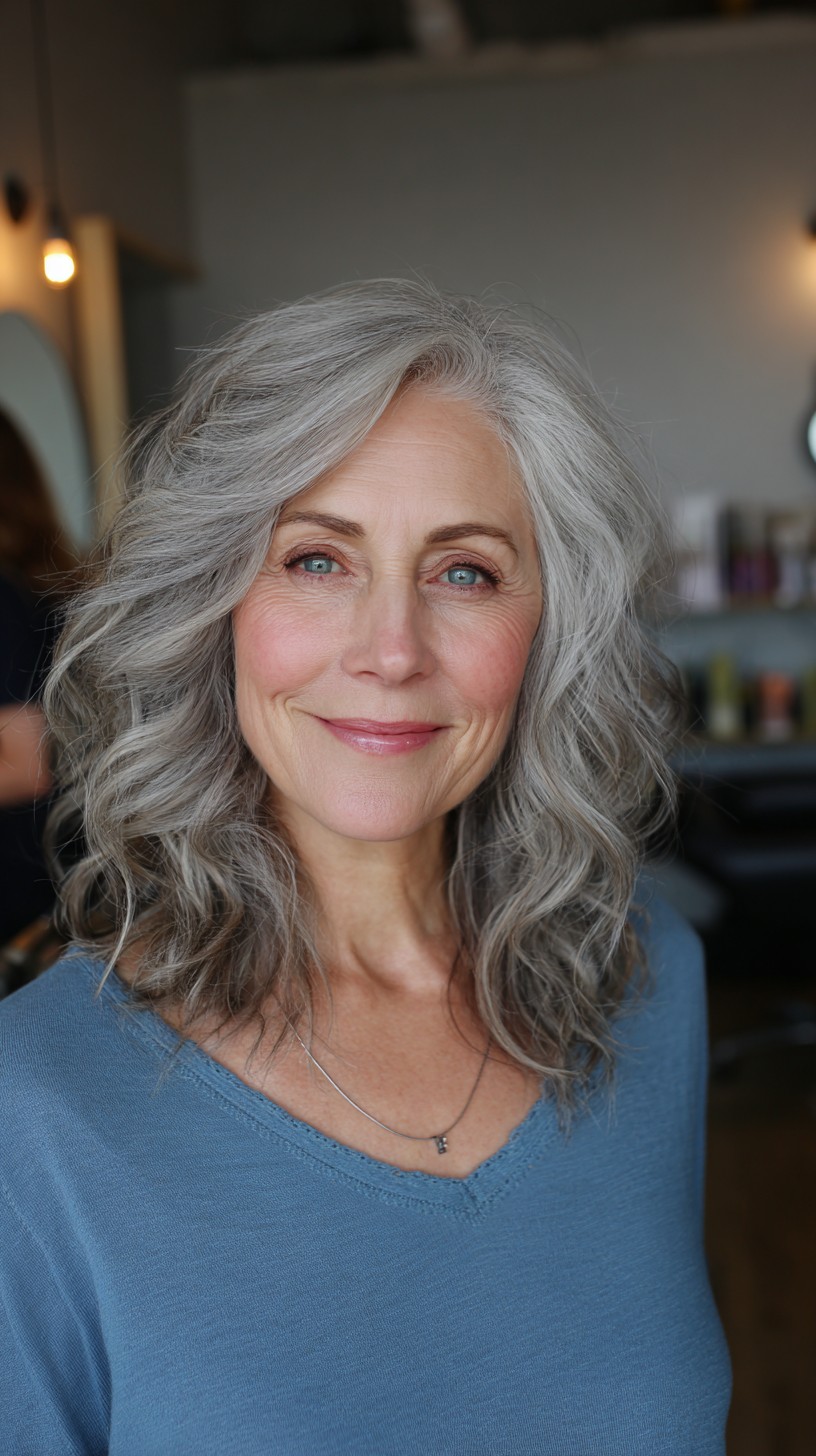 Cool Silver Medium Waves with Sculpted Face-Framing and Root Depth