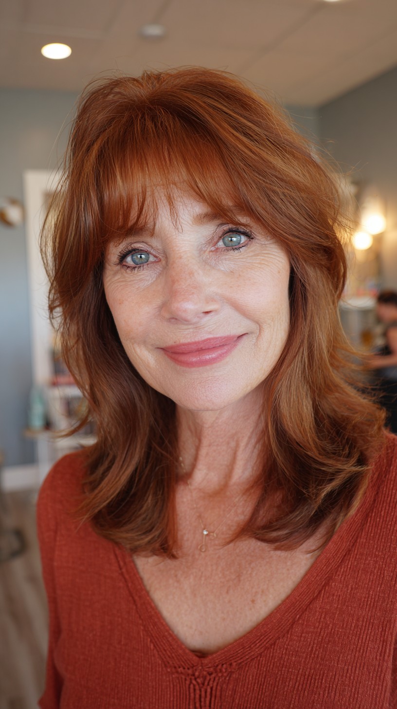 Copper Layered Shoulder-Length Shag with Wispy Brow-Skimming Bangs