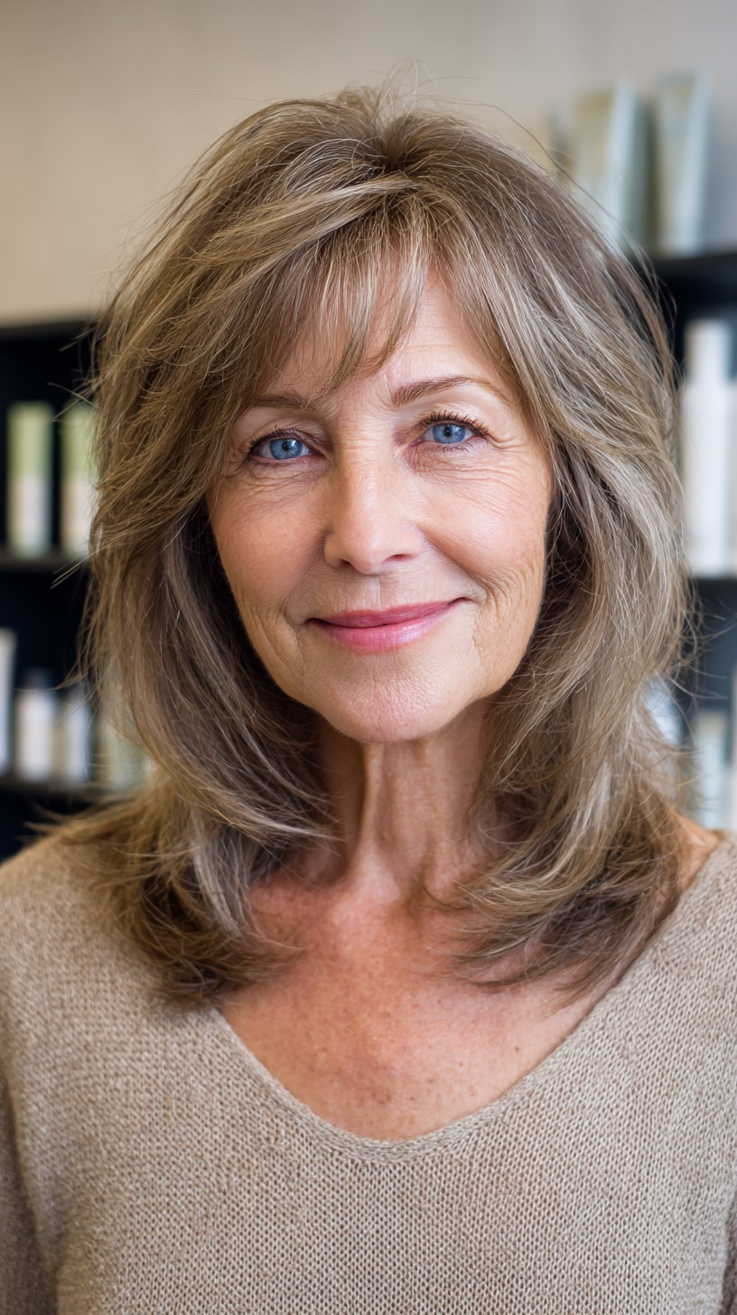 Face-Framing Mid-Length Layers with Feathered Wispy Bangs