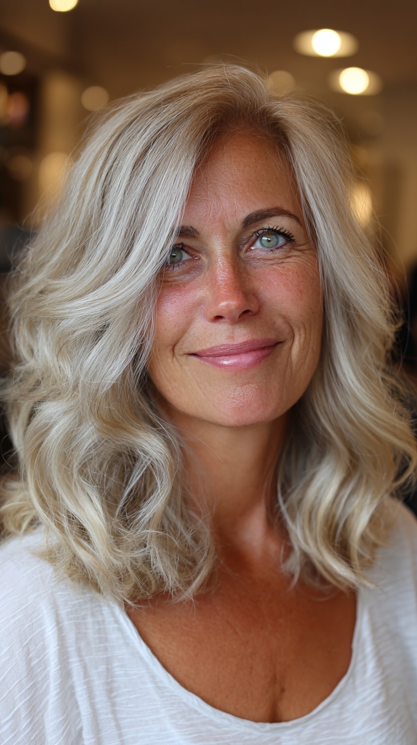 Icy Silver Shoulder-Length Waves with Long Curtain Layers