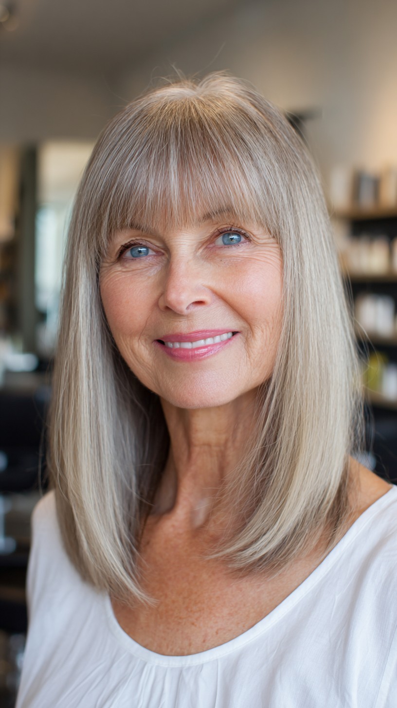 Pearl Blonde Collarbone Cut with Soft Blunt Bangs