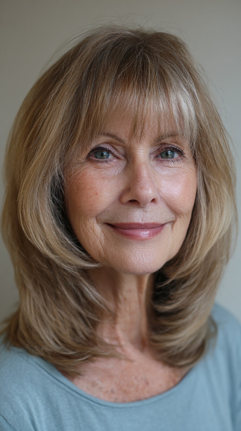 Rounded Shoulder-Length Cut with Short Fringe and Subtle Root Shadow
