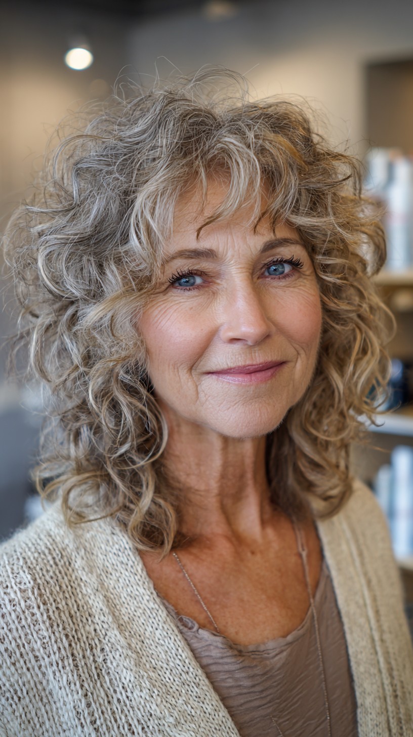 Salt-and-Pepper Curly Shoulder-Length Cut with Short Feathered Fringe