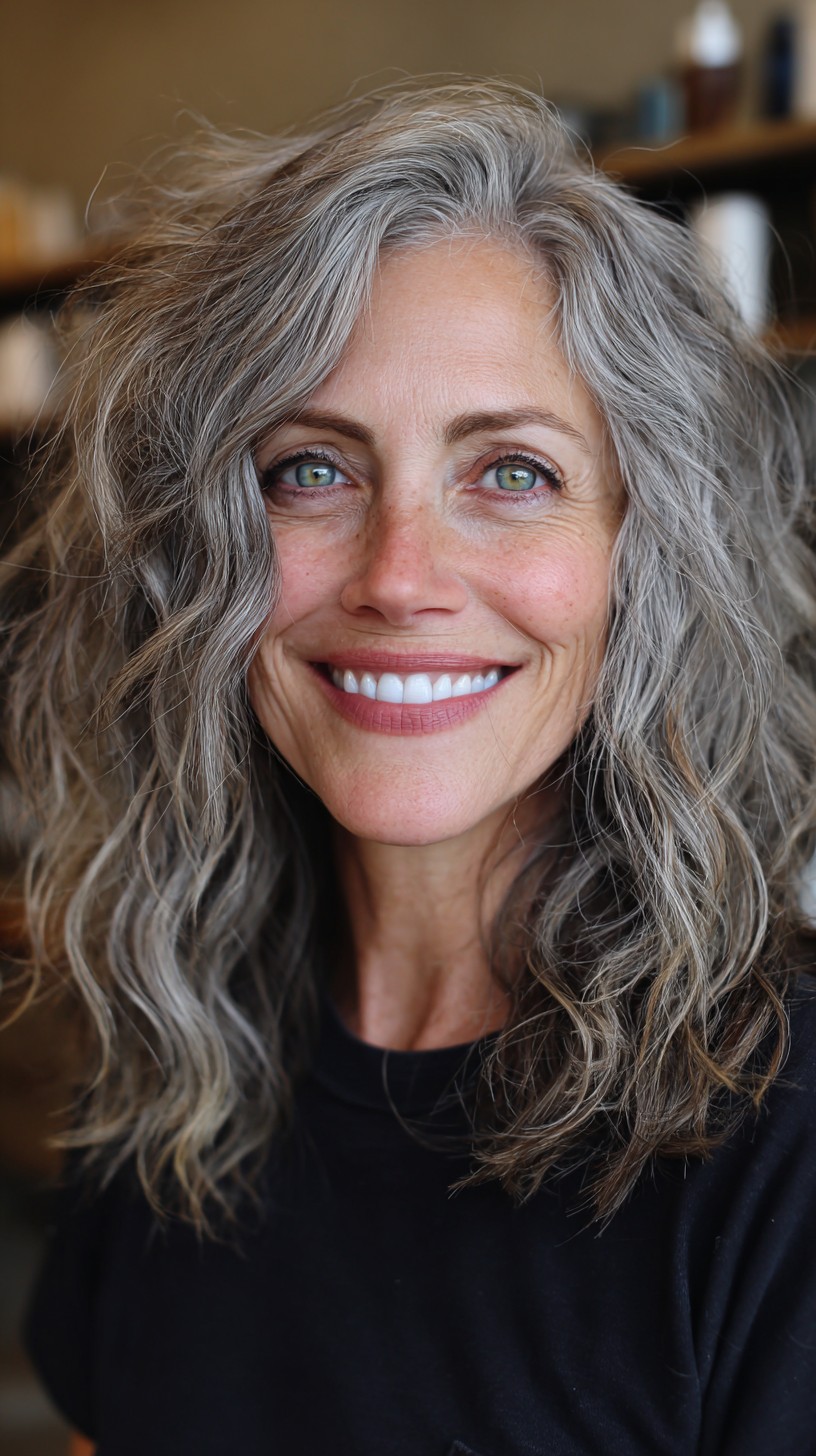 Salt-and-Pepper Shoulder-Length Waves with Lifted Face-Framing Layers