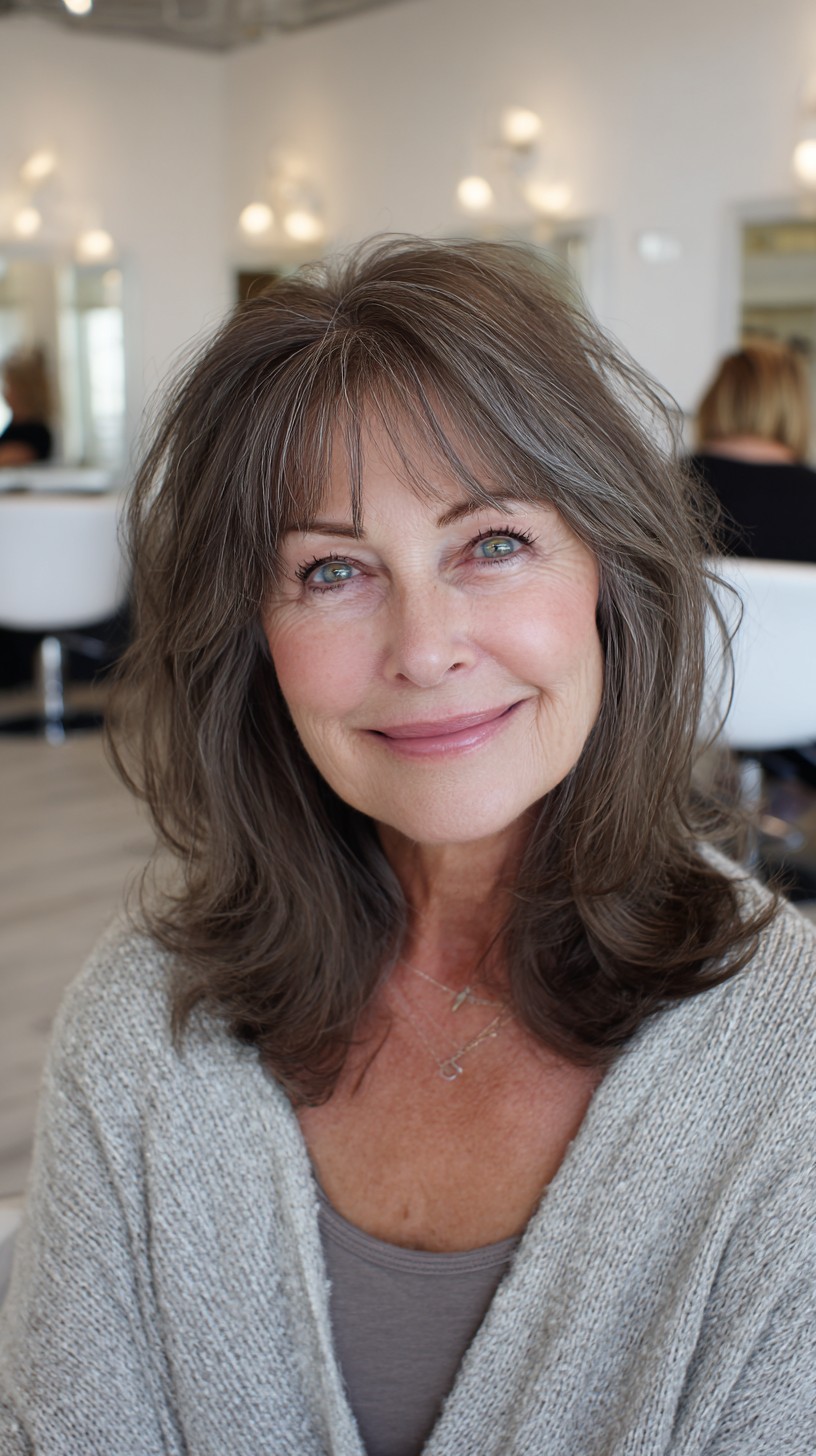 Shaggy Shoulder-Length Cut with Subtle Micro-Bangs and Root Depth
