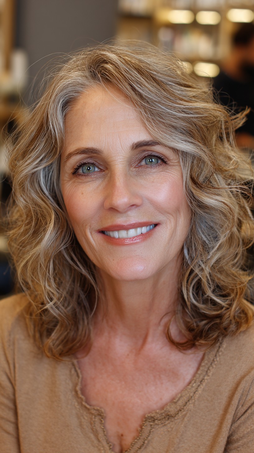 Shoulder-Length Silver-Blended Waves with Natural Crown Lift