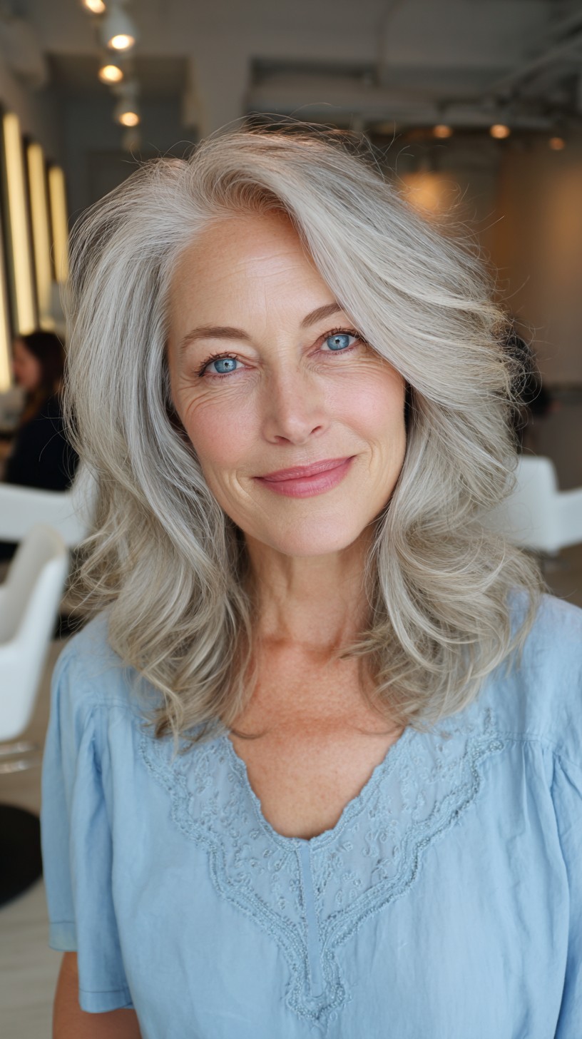 Silver-Blend Shoulder-Length Waves with Feathered Face-Framing