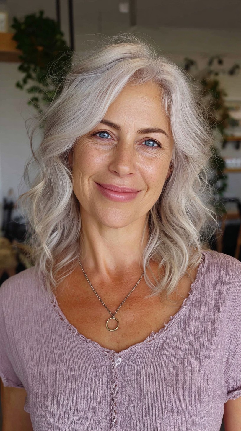 Silver-Blend Shoulder Waves with Curtain Face-Framing and Root Lift