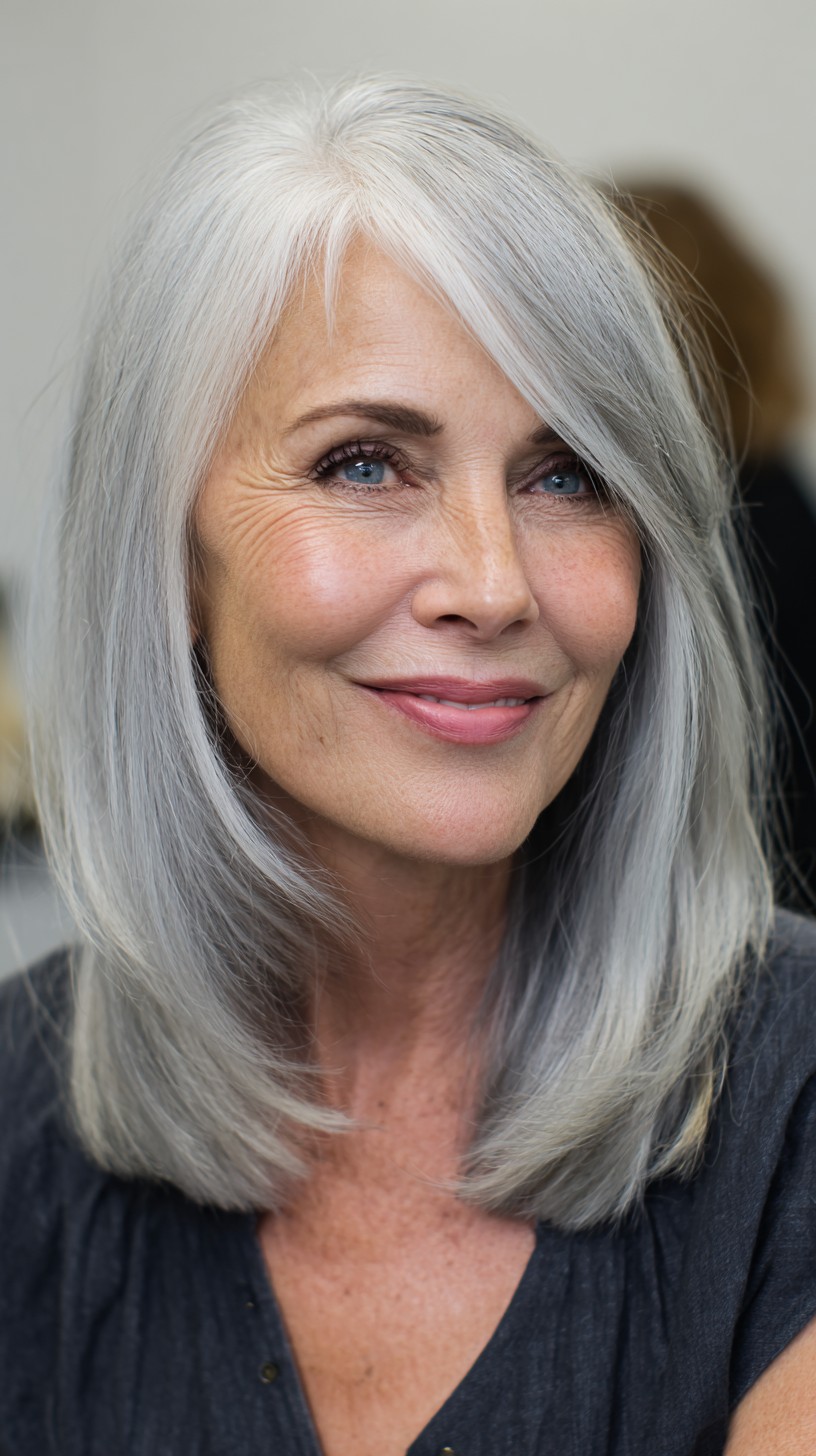 Silver Face-Framing Lob with Feathered Side-Swept Fringe