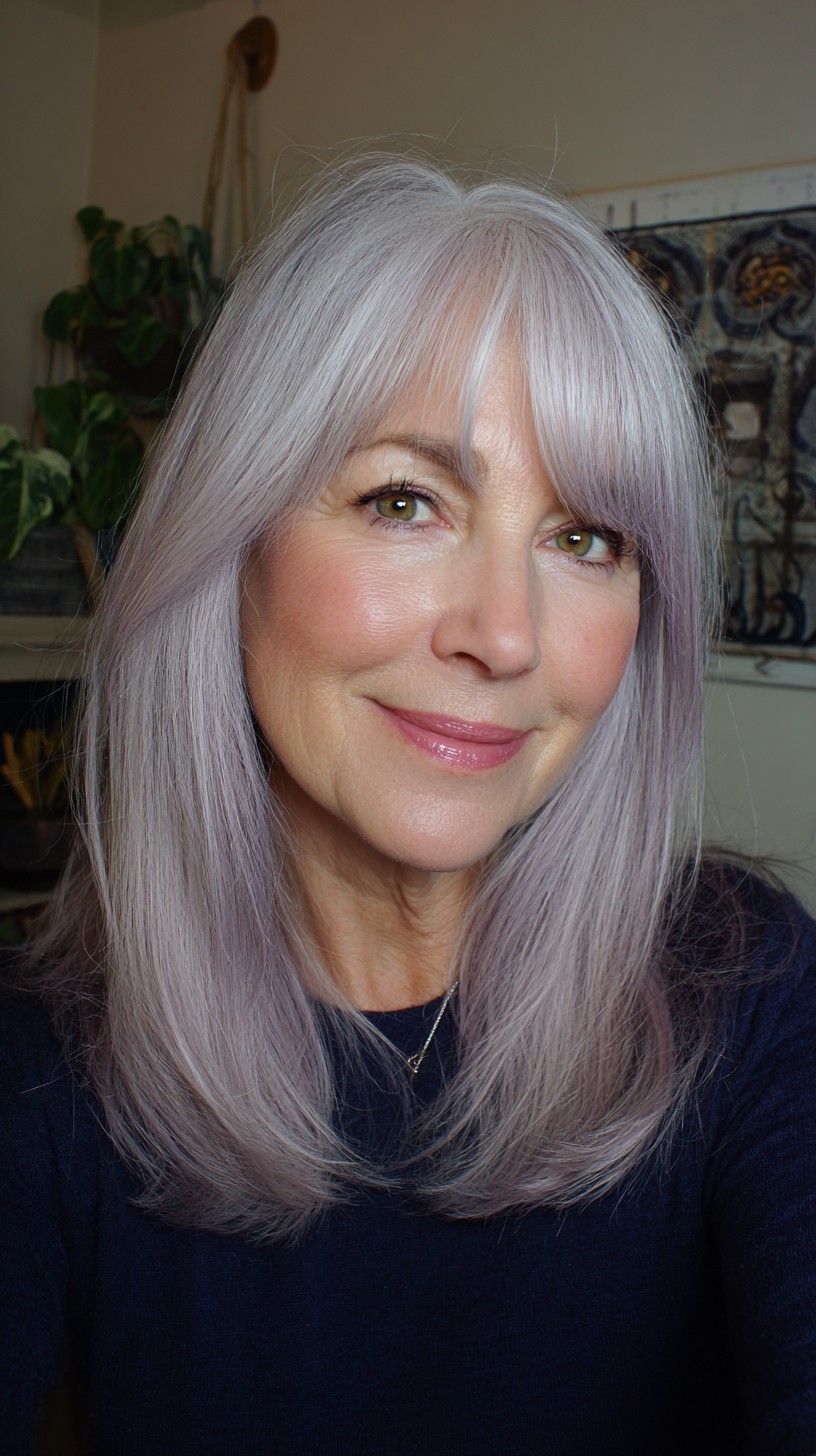 Silver-Lilac Layered Mid-Length Cut with Curtain Bangs