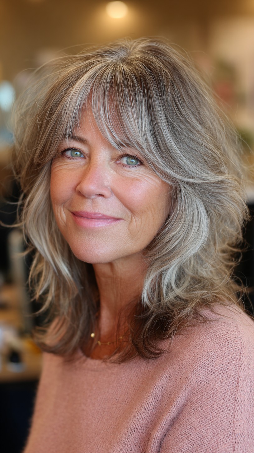 Silver-Rooted Feathered Lob with Brow-Grazing Curtain Bangs