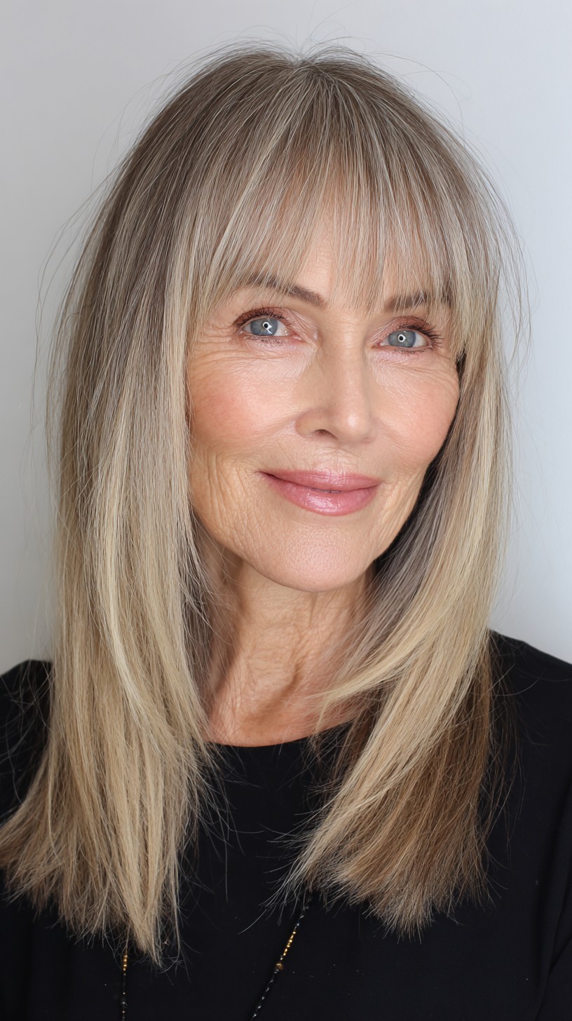 Soft Ash-Blonde Shoulder-Length Layers with Wispy Micro-Bangs
