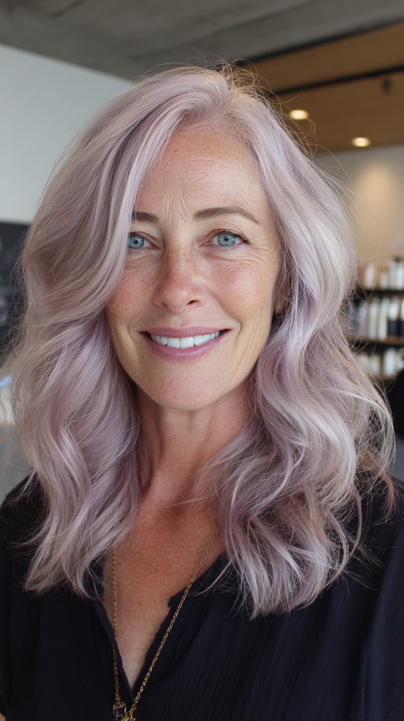 Soft Lavender-Silver Shoulder-Length Waves with Face-Swept Layers