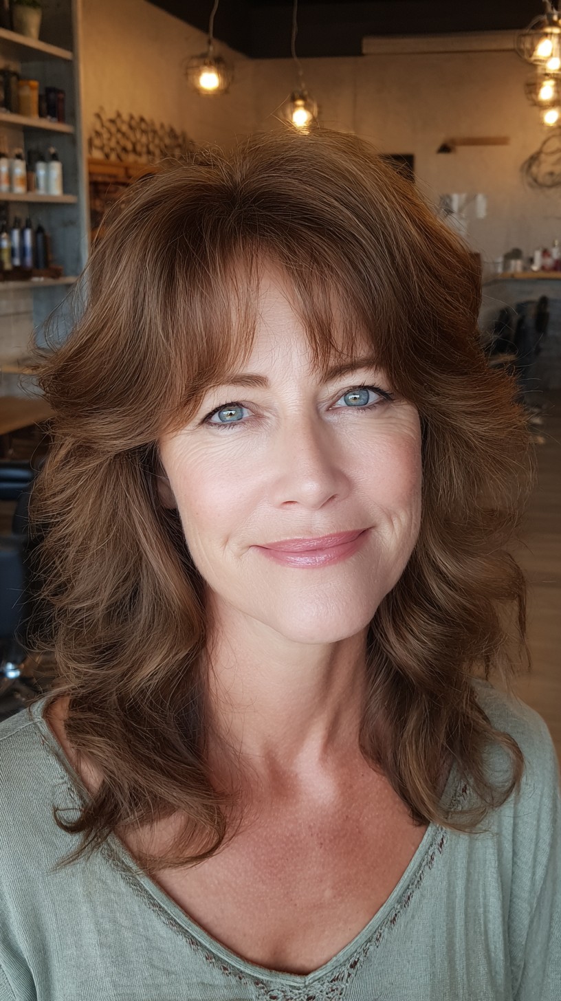 Soft Layered Shoulder-Length Waves with Sheer Curtain Bangs