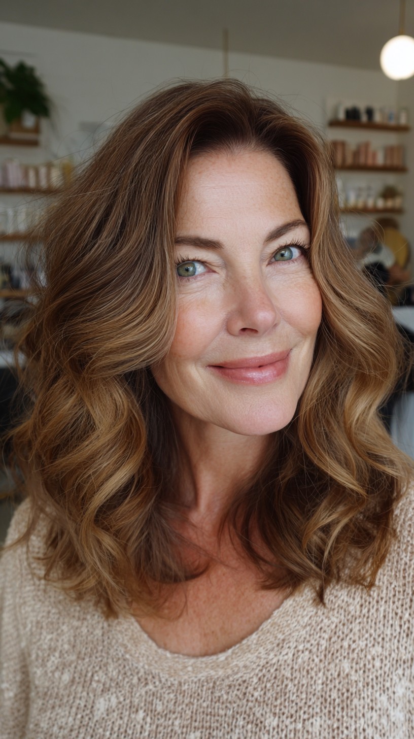 Soft Shoulder-Length Waves with Root Shadow and Face-Framing Layers