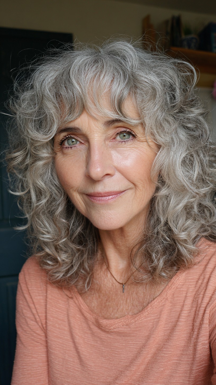 Soft Silver Curly Mid-Length Cut with Feathered Curtain Bangs