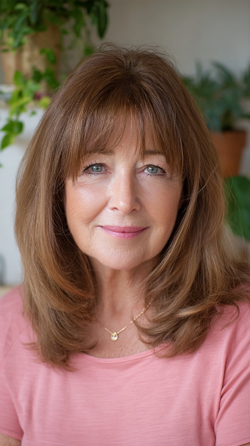 Soft Warm Chestnut Mid-Length Layers with Feathered Brow-Fringe