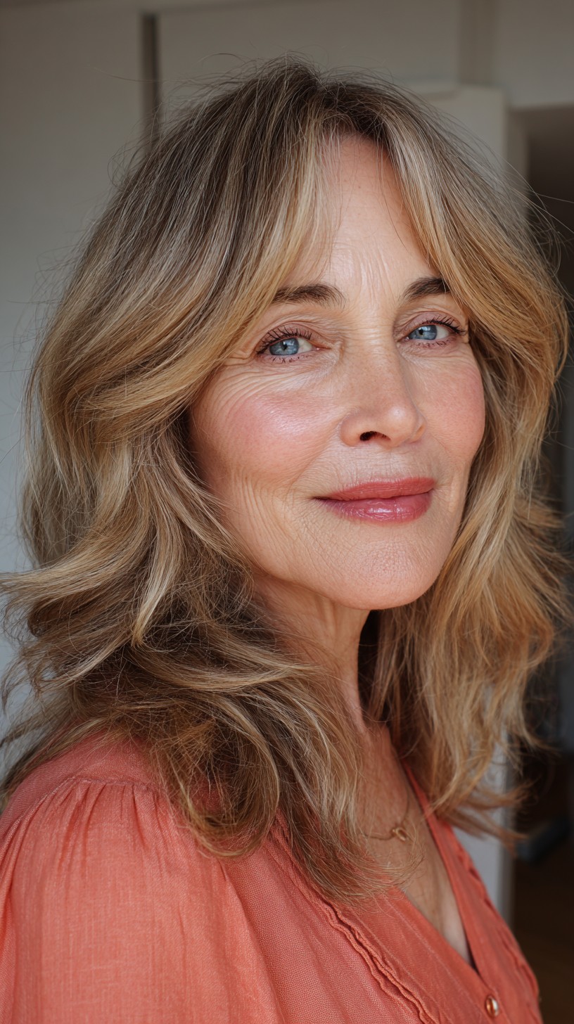 Warm Blonde Textured Shoulder-Length Layers with Soft Curtain Fringe