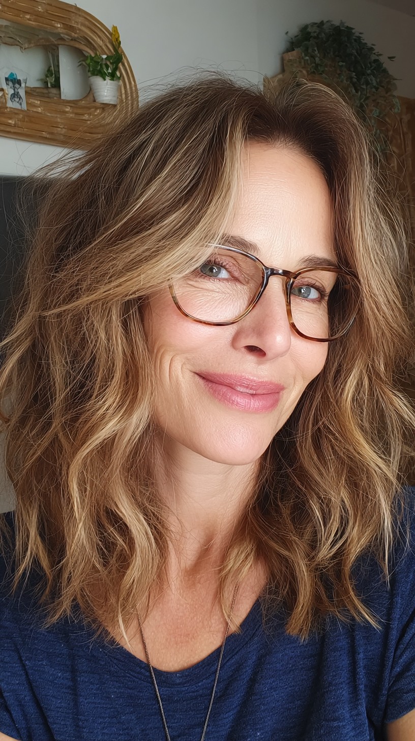 Warm Bronde Shoulder-Grazing Waves with Curtain-Framing Pieces
