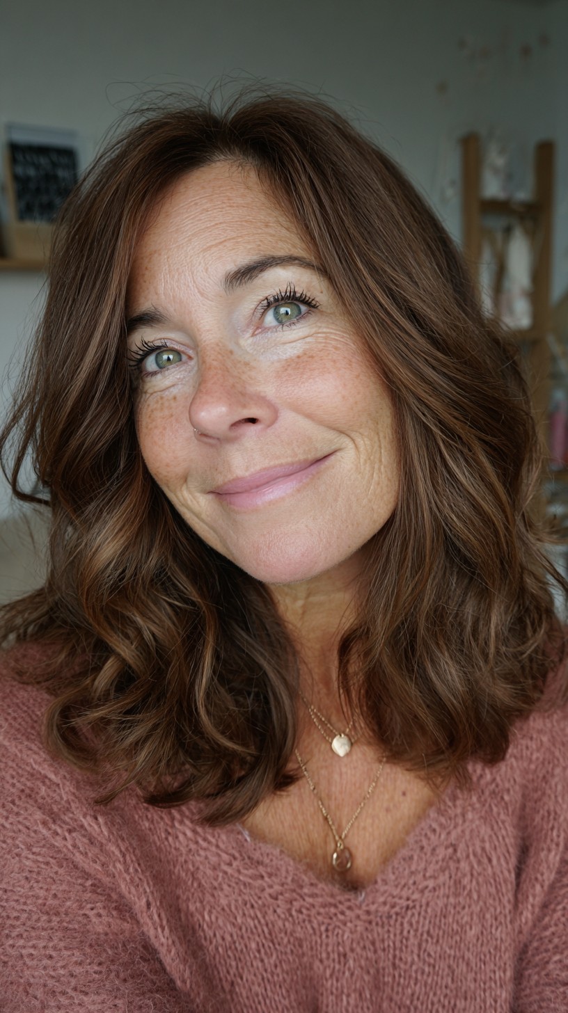 Warm Chestnut Shoulder-Length Waves with Soft Face-Framing Layers