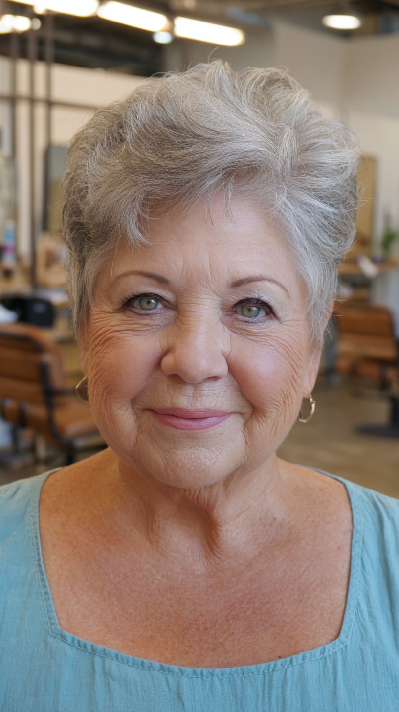 Short Silver Pixie with Elevated Crown and Feathered Sweep